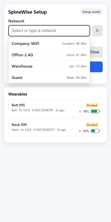 Pro Kit setup page: choosing a network