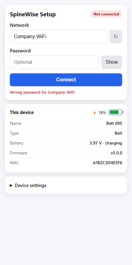 Wearable setup page: wrong password