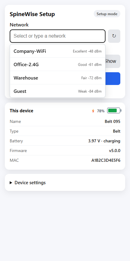Instelpagina wearable: netwerk kiezen